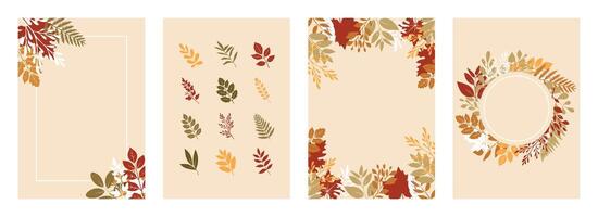Autumn vertical banners with failing dry colorful leaves on beige backgrounds with empty copy space. Social media post, web advertisement, greeting card. Autumn season special offer vertical promotion vector