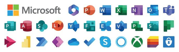 Microsoft Office 365 Windows 11 logo set. Word, Excel, PowerPoint, Outlook, OneNote, SharePoint, Microsoft Teams, Visio, OneDrive icons. editorial illustration. Microsoft windows products icon vector