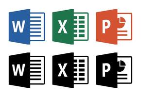 Microsoft 365 Office icon set. Word, Excel, PowerPoint. Color and black version isolated on transparent background. Flat style editorial logo. Microsoft windows products icon vector