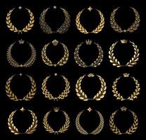 Golden sale frame badge and label with crowns and stars set on black background. Gold laurel wreaths. Awards logotype with stars Isolated elegant abstract gold emblem. Luxurious congratulating frames vector