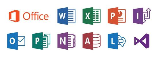 Microsoft office programs logo icons set. Application logos. Editorial . Word, excel, outlook, powerpoint, onenote, visual studio, access. Logo collection flat style. Microsoft windows products vector