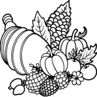 a detailed cornucopia overflowing with autumn fruits and vegetables, illustration line art vector