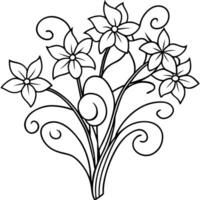 a bouquet of jasmine flowers with whimsical swirls and curving stems, illustration line art vector
