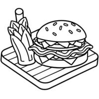 a close up of a juicy burger with bacon and pickles served with french fries on a wooden board, vector