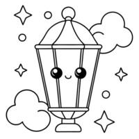 kawaii floating lantern with extra big shiny eyes and hearts, stars and clouds around, vector
