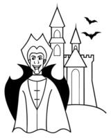 a vampire with a cape and sharp fangs, standing in front of a gothic castle, illustration vector