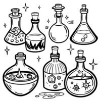 a collection of mysterious potion bottles, each labeled with a different spell, illustration vector