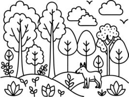 woodland in autumn with trees shrubs and animals, illustration line art vector