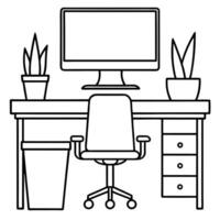 design a set of icons showing a modern office workspace setup, including a desk, computer monitor, vector