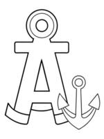 alphabet a and anchor coloring worksheets, illustration line art vector