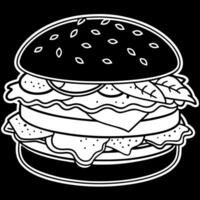beef burger with cheese, tomatoes, red onions, cucumber and lettuce on black dark background vector