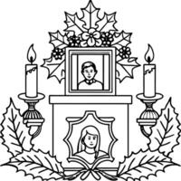 a decorated mantlepiece with a garland of holly, candles, and a framed family photo in front of a vector