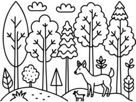 woodland in autumn with trees shrubs and animals, illustration line art vector