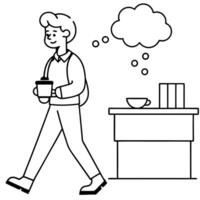 a person confidently walking up to a coffee shop counter, smiling, with a thought bubble showing a vector