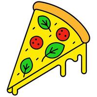 a brightly colored slice of pizza with a golden crust and melted cheese, topped with circular vector