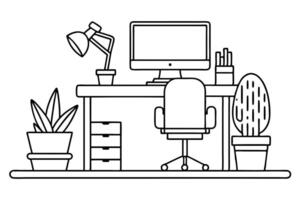 single line drawing of chair and desk with modern computer, stack of books and potted plant, vector