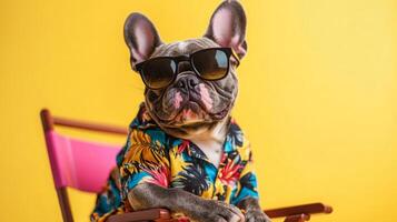 A French bulldog wearing sunglasses and a colorful Hawaiian shirt sits on a pink and wooden chair against a yellow background. The dog is looking at the camera with a smile. photo