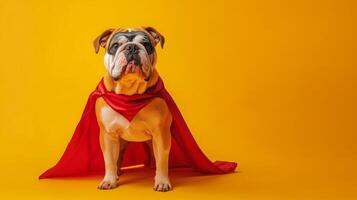 A bulldog stands proudly, wearing a vibrant red cape, showcasing its playful and heroic nature against a cheerful yellow backdrop while exuding charm and charisma, perfect for a fun celebration. photo
