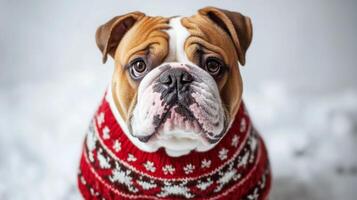A bulldog wears a cozy, festive sweater with a snowflake pattern, sitting proudly on a light snowfall. Its expressive eyes and adorable face create a heartwarming winter atmosphere. photo
