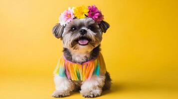 A playful dog dressed in a vibrant costume and adorned with a colorful flower crown is captured against a cheerful yellow backdrop, exuding an adorable and lively atmosphere. photo