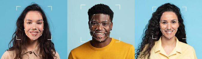 Three individuals with different backgrounds smile at the camera, each face highlighted by a facial recognition overlay on a bright blue background, illustrating technology in human interaction. photo