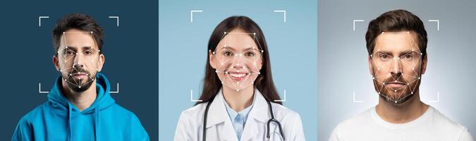 Three individuals display various expressions, each captured with facial recognition overlays. They represent different professions in a modern setting, showcasing technology's impact. photo