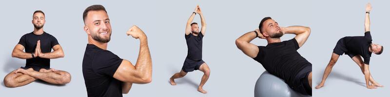 A man demonstrates a series of yoga and fitness poses, showcasing flexibility and strength. He is in a well-lit studio with a neutral background, focusing on his movements and posture. photo