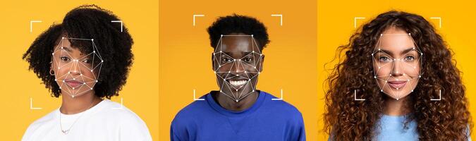 Three individuals showcase their unique styles against a vibrant yellow backdrop, each marked with facial recognition squares. Their expressions display confidence and individuality. photo