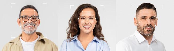 Facial recognition. Three people are joyfully posing side by side, displaying a friendly atmosphere. Their expressions reflect happiness, with a neutral background emphasizing their features. photo