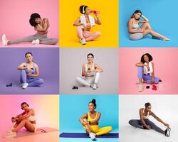 A group of women participates in various fitness activities, showcasing poses with exercise tools, stretching, and enjoying healthy drinks on bright, colorful backgrounds. photo