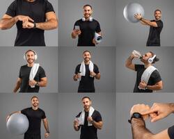 A man exercises enthusiastically, using a fitness watch for timing, hydrating with a water bottle, and enjoying music through headphones while holding a workout ball. photo