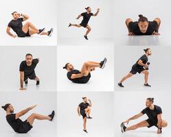 A workout enthusiast performs a series of exercises, showcasing agility, strength, and flexibility in a clean, minimalist gym environment with neutral backgrounds. photo