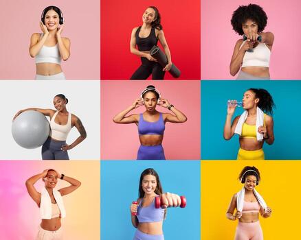 un vibrante monitor de diverso mujer participativo en varios aptitud actividades, incluso levantamiento pesas, utilizando un aptitud pelota, y disfrutando hidratación foto