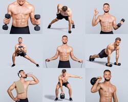 A fit man performs different strength training exercises like dumbbell curls and push-ups in a well-lit gym. His focus and effort demonstrate dedication to fitness and personal health. photo