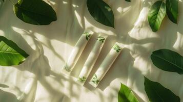 Three herbal sticks are neatly placed on a light fabric background, surrounded by lush green leaves. The gentle sunlight creates interesting shadows, enhancing the natural ambiance. photo