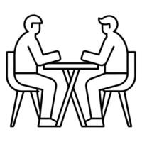 an abstract icon of two men sitting on a chair with a table between them, having a conversation, vector