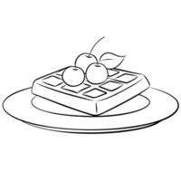 square waffles on plate with fruits, illustration line art vector