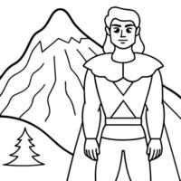 the fairy tale hero stands in front of a high mountain, illustration line art vector