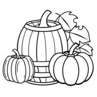autumn scenery of pumpkins and wooden barrel, coloring page, white background, no colors, vector