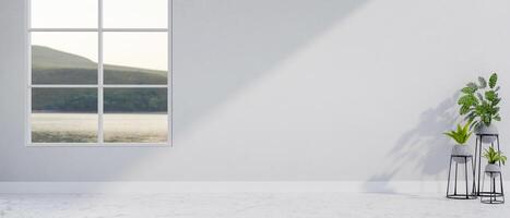 An empty white room features a window with a view, indoor plants, and an open space on a white wall. photo