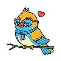 A cute cartoon bird icon, with a small, chubby body, a sweet expression, and delicate feathers, all in bright, cheerful colors that evoke a sense of joy. vector
