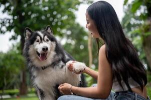 A happy woman is training her dog to give a handshake, enjoying a fun moment together in a park. photo