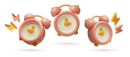 Pink alarm clocks and lightning bolts 3d illustrations collection alert deadline and timing vector