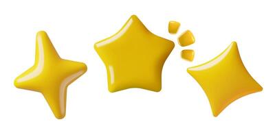 Stars and sparkles 3d icons set with different 5 and 4 pointed yellow glossy plastic star shapes vector
