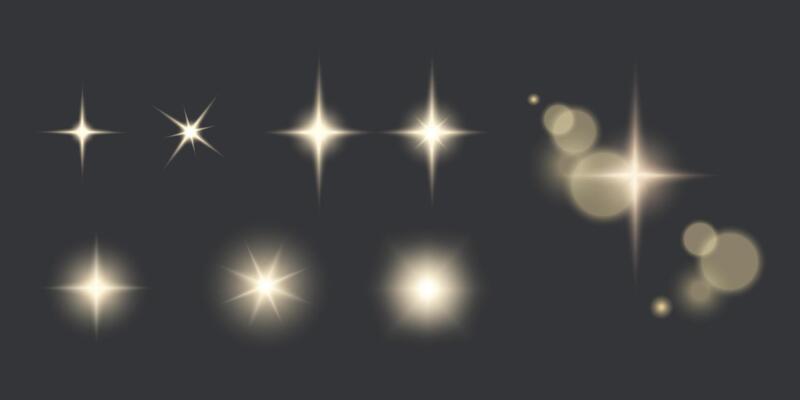 Realistic shine light effect glowing stars sparkles or sunlight elements collection