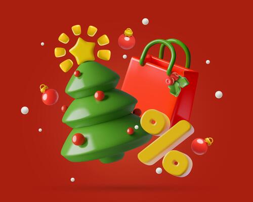 3d Christmas tree with shopping bag and percentage sign New Year holiday sale web banner design