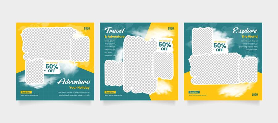 Travel business promotion web banner template design for social media ads. travel and tourism business marketing post or poster, flyer, with clouds and brushes