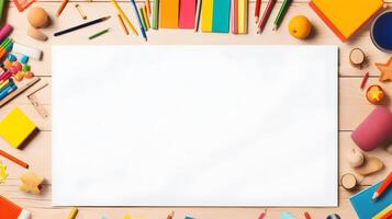 Organized School Supplies on Wooden Desk Top View Educational Stationery Border Flat Lay Composition photo