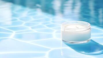 Serene White Cosmetic Jar Floating on Summer Water Surface photo