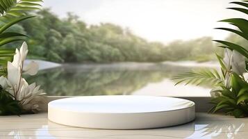 Elegant White Stone Podium Cosmetic Display Stand for Products Presentation photo